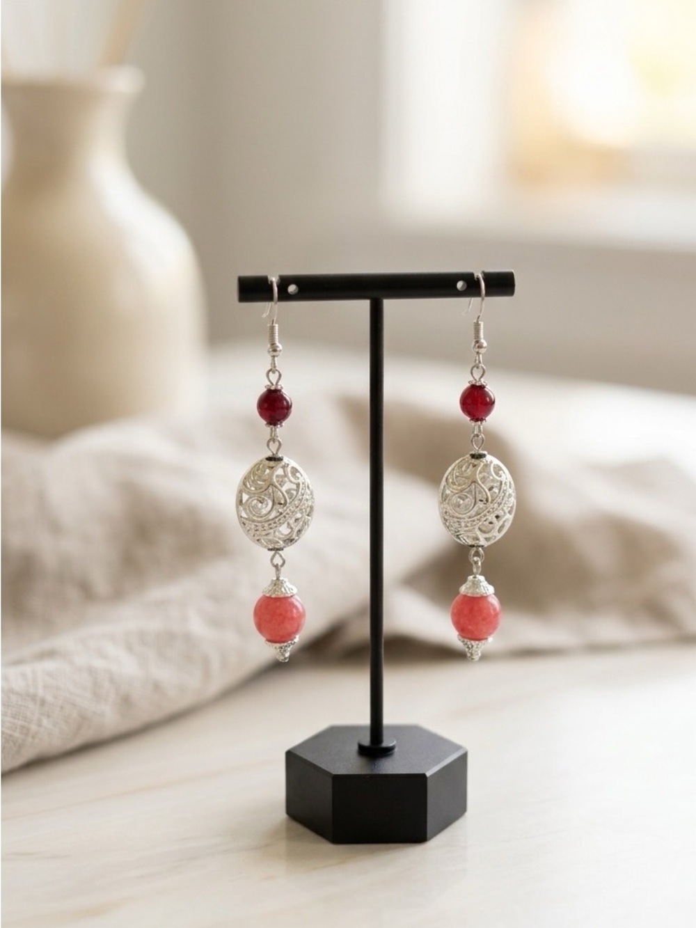 Hand Knotted Strawberry Quartz & Garnet Beaded Necklace with Silver Tone Accents - Picture 2 of 3
